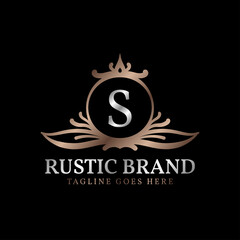 letter S luxurious rustic crest logo badge for beauty care, wedding organizer, hotel and cottage