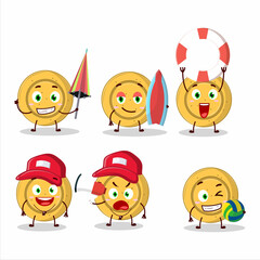 Happy Face dalgona candy circle cartoon character playing on a beach