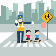 Traffic guard helping skids crossing the street by using right hand sign stop.