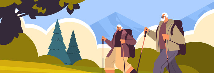 senior man woman hikers traveling together with backpacks active old age physical activities concept