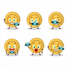 Photographer profession emoticon with dalgona candy circle cartoon character