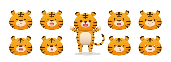 Obraz premium 9 cute tiger characters with emoticons, characters, mascots, cartoon characters, comic characters, vector set
