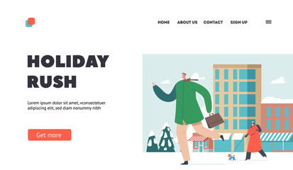 Holiday Rush Landing Page Template. Cityscape, Winter City Street. Characters Walk under Fall Snow. Mother with Stroller