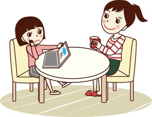 リビングでタブレット学習をする若い女性と笑顔で様子をみる母。