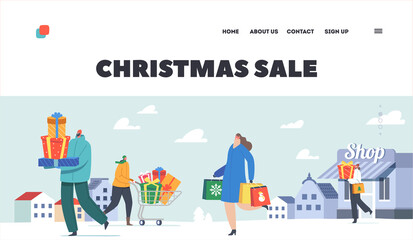 Christmas Sale Landing Page Template. Happy Characters Carry Gifts and Cart Buying Presents on Fair, Walking Hurry Up