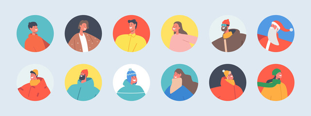 Set of People Avatars, Adult and Young Male and Female Characters. Men, Women, Girls or Boys in Winter Clothes, Santa