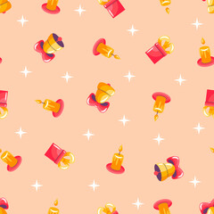 Christmas pattern seamless of cute candles, bells, gifts. Pattern for printing on fabric, wrapping paper design. Childish background for fabric, textile, wallpaper, clothing. Vector illustration