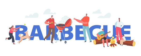 Barbecue Concept. Family Outdoor Leisure. Kids Relax near Campfire, Playing Guitar, Fooling with Dog, Father Cooking