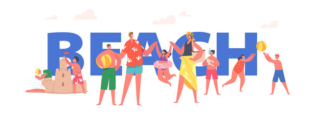 Happy Family Characters on Summer Beach Concept. Mother, Father, Daughter and Son Characters Building Sand Castle