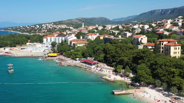 Aerial View Of Crikvenica Main Town Beach In Croatia - drone shot