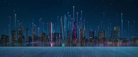 Smart city and abstract dot point connect with gradient line, big data connection technology concept. 3d rendering