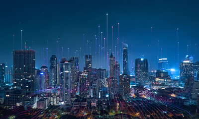 Smart city and abstract dot point connect with gradient line, big data connection technology...