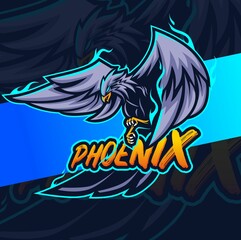 flying phoenix eagle bird with blue fire mascot character esport design for gamer team and sport logo design