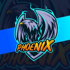 Obraz premium flying phoenix eagle bird with blue fire mascot character esport design for gamer team and sport logo design