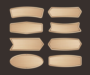 Wooden stickers label collection. Set of various shapes wood sign boards for sale price and discount stickers, banners, badges. Vector illustration