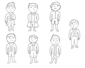 coloring book, cute prince, boy in fancy dress. vector illustration isolated on a white background