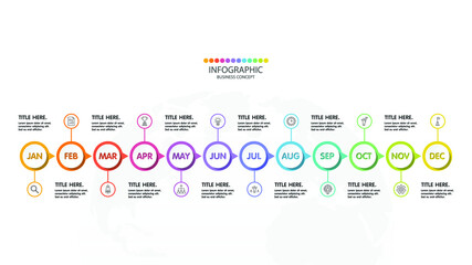 Timeline infographic with month or 12 steps, process or options, process chart, Used for process diagram, presentations, workflow layout, flow chart, infograph. Vector eps10 illustration.