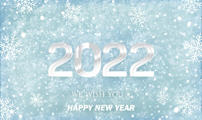 Happy New Year 2022 card template with decorative snow and snowflakes. We wish you a Happy New Year. For invitation card, Merry Christmas, Happy new Year, greeting cards, poster or web. Vector EPS10