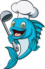 Cartoon chef fish holding a soup ladle
