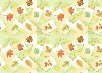 Decorative background with colorful leaves on postcards. Autumn in pastel colors. Patterns are created from randomly scattered postcards.