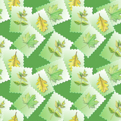 Fototapeta na wymiar Decorative background with colorful leaves on postcards. Autumn in pastel colors. Patterns are created from randomly scattered postcards.