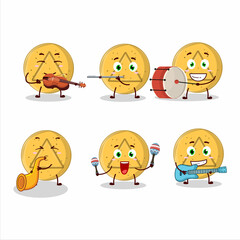 Cartoon character of dalgona candy triangle playing some musical instruments