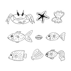 fish, crab, shell, starfish set hand drawn doodle. vector, minimalism, scandinavian, monochrome, nordic. marine life, sea, ocean. sticker, icon.