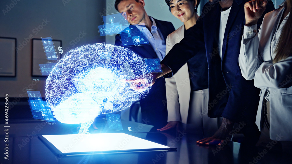 Aufkleber group of multi racial people watching hologram display. science technology. ai (artificial intellige