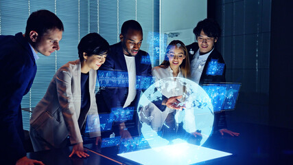 Group of multi racial people watching hologram display. Global business. Management strategy....
