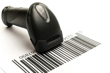 Barcode scanning. Reader laser scanner for warehouse. Retail label barcode scan isolated on white...