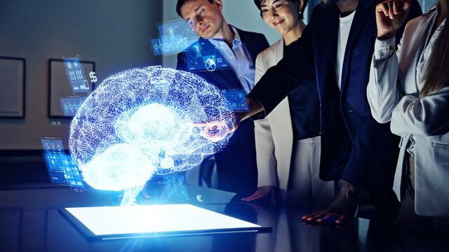 Group of multi racial people watching hologram display. Science technology. AI (Artificial Intelligence)