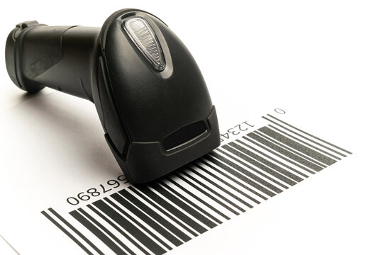 Barcode scanning. Reader laser scanner for warehouse. Retail label barcode scan isolated on white background. Warehouse inventory management.