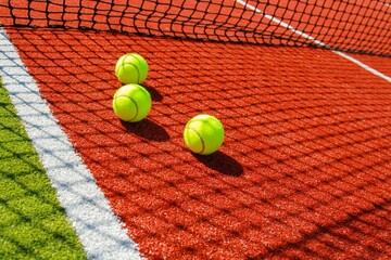 Tennis balls on a red clay court