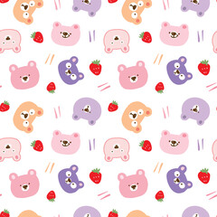 Obraz premium Seamless Pattern of Cartoon Bear Face and Strawberry Design on White Background