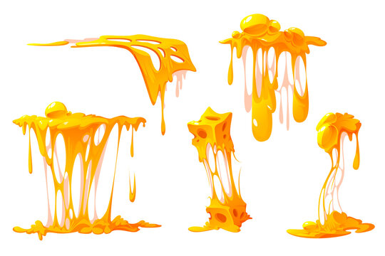 Melted cheese cartoon set, mellow pieces with dripping and stretches, design elements for pizza, sandwiches or pasta, cheesy texture flow, melt food isolated on white background, Vector illustration