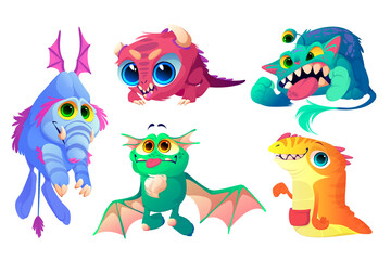 Monsters set, cute cartoon characters, funny aliens, strange animals or Halloween creatures with smiling toothed muzzles, dragon wings, trunk and big eyes. Whimsical spooky mascots Vector illustration