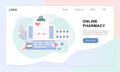 Online pharmacy concept of healthcare, drugstore and e-commerce. Flat Vector illustration of prescription drugs, first aid kit and medical supplies being sold online via web or computer technology.