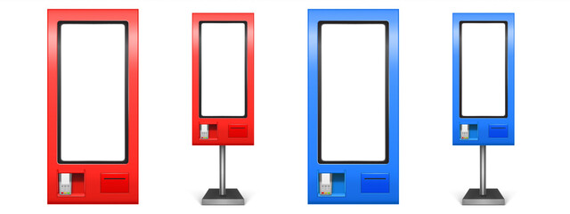 Self order kiosk realistic 3d vector mockup. Vending machines with sensor panel and pos terminal for payment. Innovative self service counter device. Restaurant interactive wall or floor stands set - obrazy, fototapety, plakaty