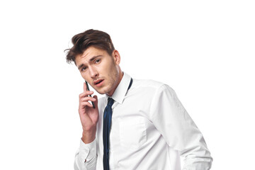 a person phone communication success work office isolated background