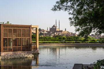 Panoramic view of the city of Cairo from Al-Azhar Park gardens. In the background, The Great Mosque...