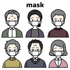 人物イラストセット_シニア_マスク