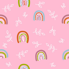 Doodle seamless pattern with rainbows and leaves. Perfect for T-shirt, postcard, textile and print. Hand drawn vector illustration for decor and design.
