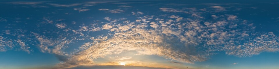 Dark blue sunset sky pano with Cirrus clouds. Seamless hdr panorama in spherical equirectangular format. Complete zenith for 3D visualization, game and sky replacement for aerial drone 360 panoramas.