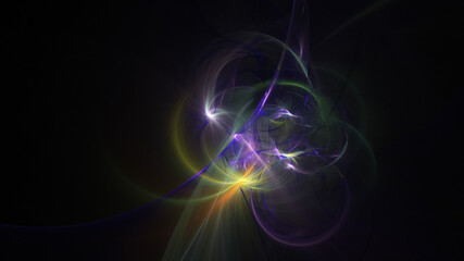 Abstract colorful yellow and violet glowing shapes. Fantasy light background. Digital fractal art. 3d rendering.