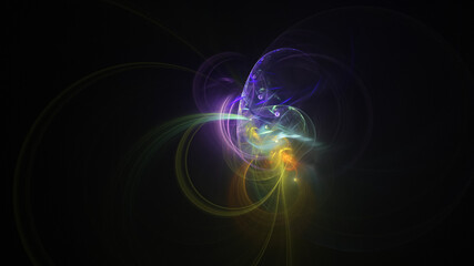 Abstract colorful yellow and violet glowing shapes. Fantasy light background. Digital fractal art. 3d rendering.