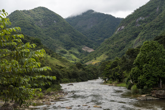 View of nature in Sana, Macaé, mountainous region of Rio de Janeiro. Photo of the river with mountains around at the entrance to the city