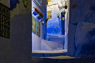 Night view in medina of Chefchaouen, Morocco. The city is noted for its buildings in shades of blue...