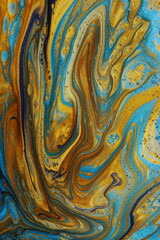 Abstract fluid art background blue  and gold colors. Liquid marble texture. Acrylic painting.