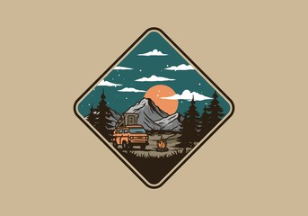 Night mountain camper van illustration drawing