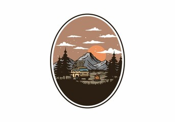 Obraz premium Night mountain camper van illustration drawing